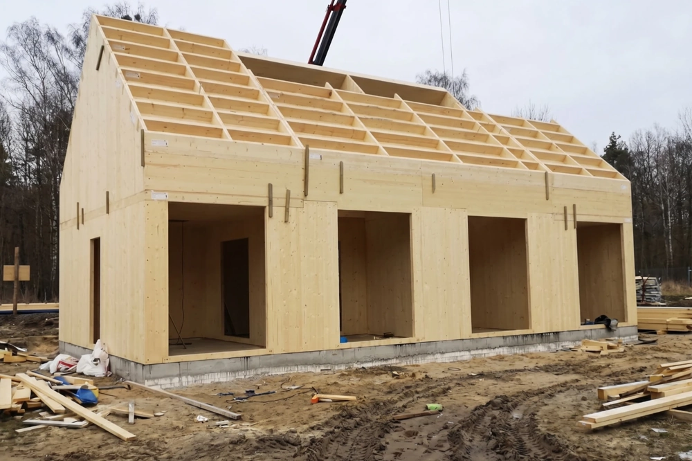 Prefabrykowany szkielet drewniany domu w technologii CLT na etapie montażu